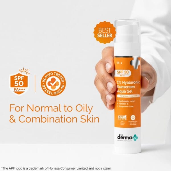 The Derma Co Sunscreen active ingredients Hyaluronic Acid and Vitamin E The Derma Co Sunscreen active ingredients Hyaluronic Acid and Vitamin E