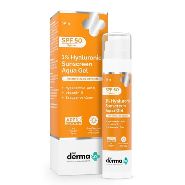 The Derma Co 1 Percent Hyaluronic Sunscreen Aqua Gel SPF 50 PA++++ 50g The Derma Co 1 Percent Hyaluronic Sunscreen Aqua Gel SPF 50 PA++++ 50g