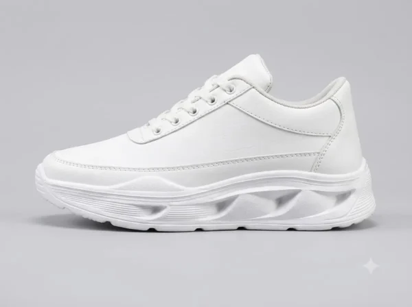 man wearing chunky white sneakers with baggy streetwear jeans