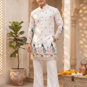 white peacock print kurta for men front view