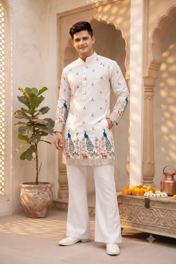 white peacock print kurta for men front view