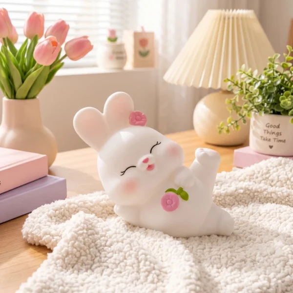 Close up detail of the glowing cute rose bunny night lamp