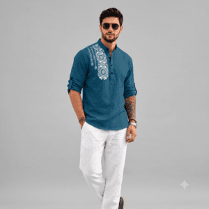 front view of teal embroidered short kurta for men