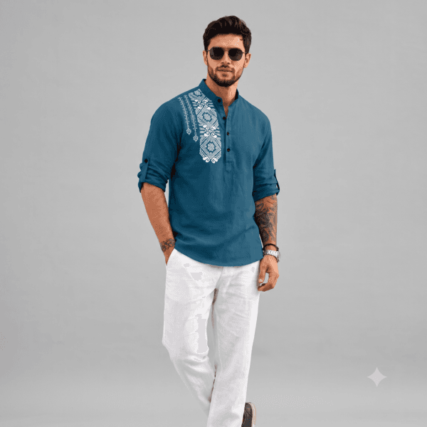 front view of teal embroidered short kurta for men front view of teal embroidered short kurta for men