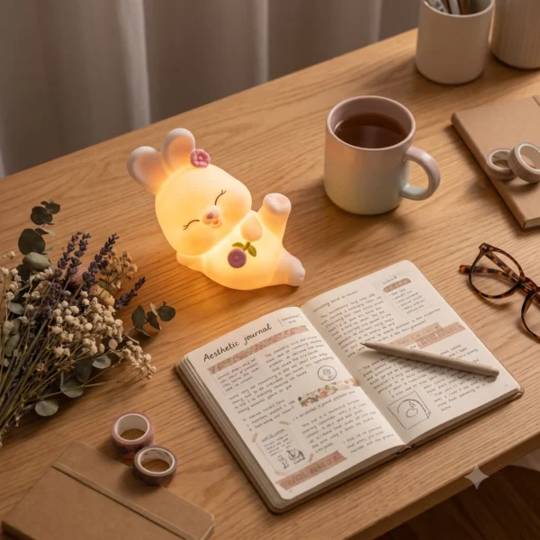 Cozy aesthetic bedroom decor illuminated by a cute rose bunny night lamp