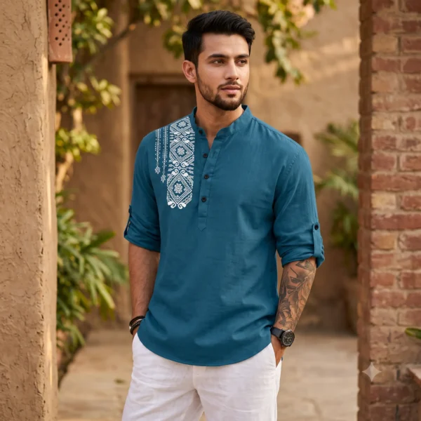 close up aesthetic detail of teal embroidered short kurta for men close up aesthetic detail of teal embroidered short kurta for men