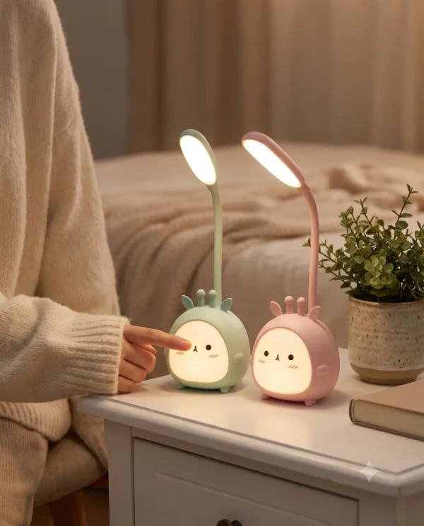 Aesthetic student desk setup illuminated by a cute study lamp for kids