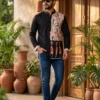 Close up of black short kurta for men tribal print design