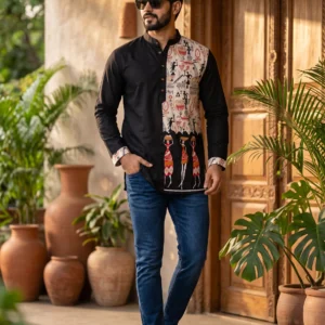 Close up of black short kurta for men tribal print design