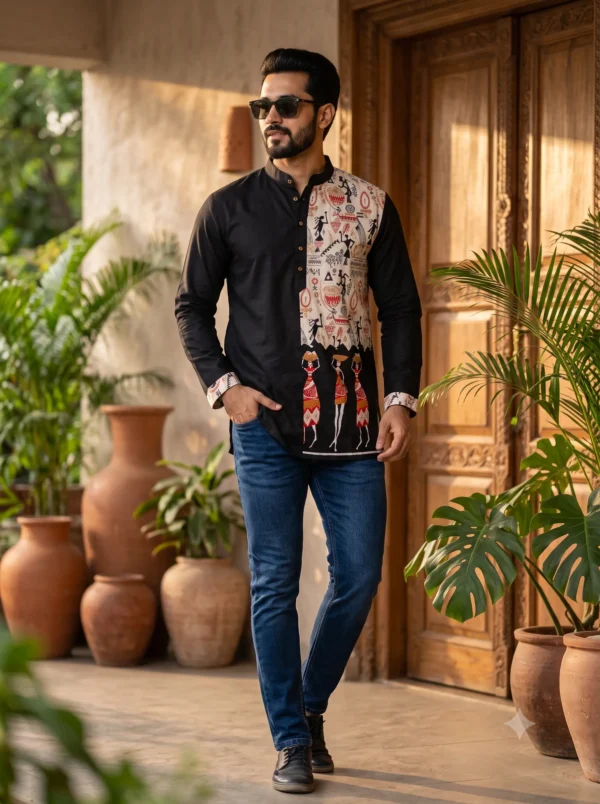Close up of black short kurta for men tribal print design