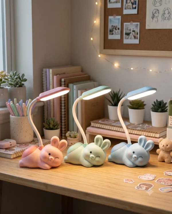 Student studying with cute kawaii bunny led desk lamp