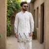 close up fabric texture of white peacock print kurta for men