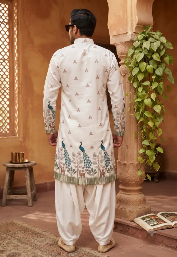 aesthetic white printed ethnic kurta for men outdoors